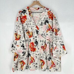 Tianello Asian Inspired Geisha V-Neck Tencel Pull-Over Diva Plus Blouse Size‎ 2X